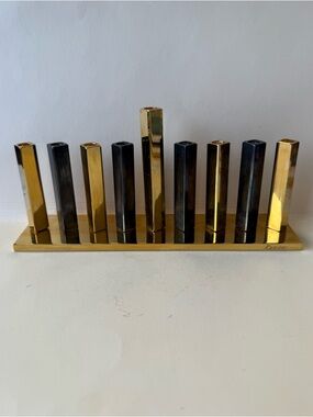 Vintage Karshi 24 kt Gold Plated & Black Geometric Hanukkah Menorah Etch Sign.